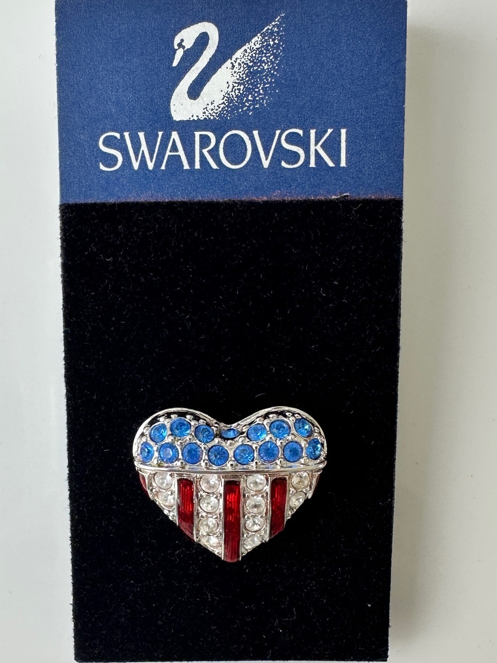 Swarovski Crystal Heart Flag Brooch in Blue, Red & Clear